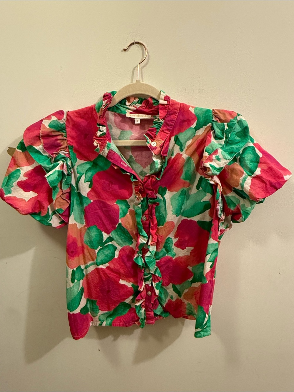 Floral Ruffle Front Blouse in Pink & Green